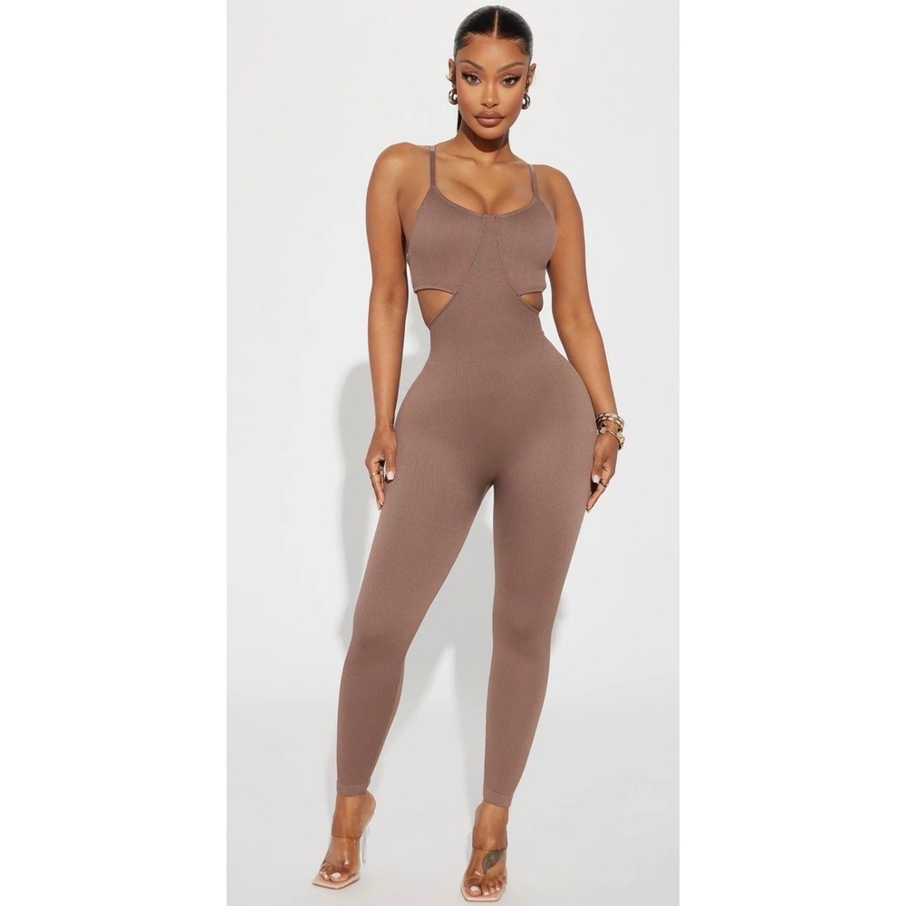 Fashion Nova Jumpsuit Women S Brown Ribbed Cutout Bodycon Sleeveless